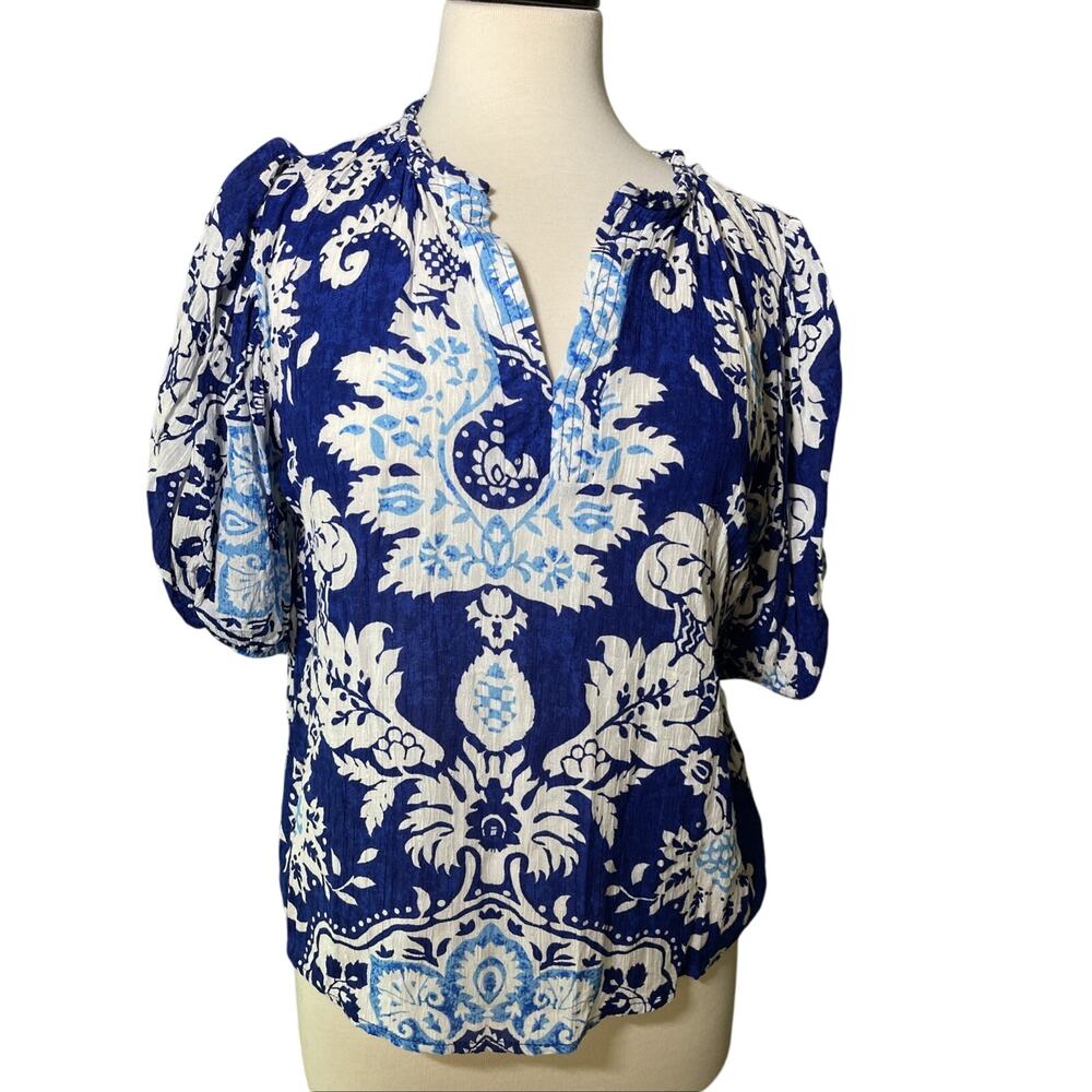 Rachel Zoe Blue and White Printed Puff Sleeve Blouse